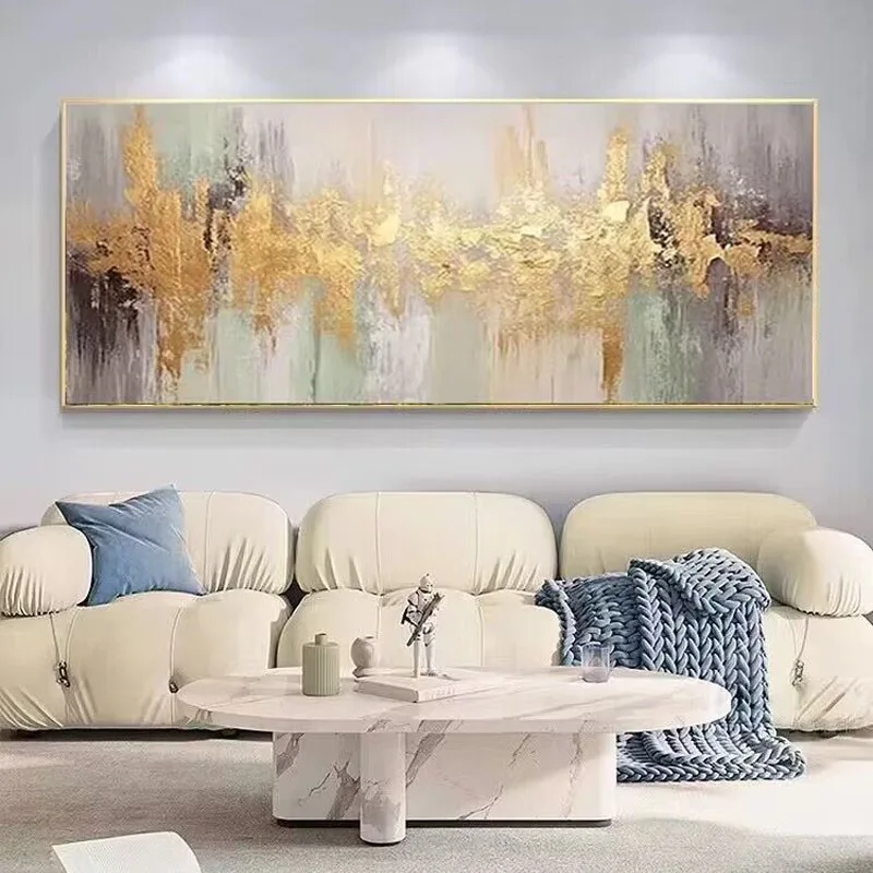 Abstract Hand Drawn Gold Leaf Lake Oil Painting Wall Art Poster Living Room Sofa Bedroom Restaurant Horizontal Mural Living Room