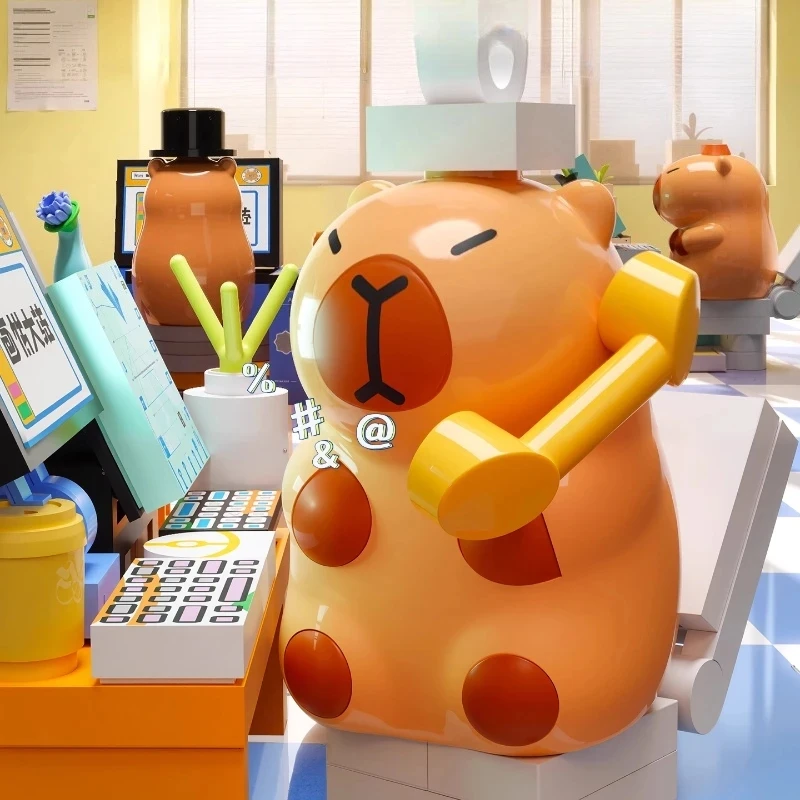 셈보 만화 카피바라 블록 창의적 퍼즐 트렌디 카피바라 업무 기록 직장 DIY 조립 모델 장식품 장난감
