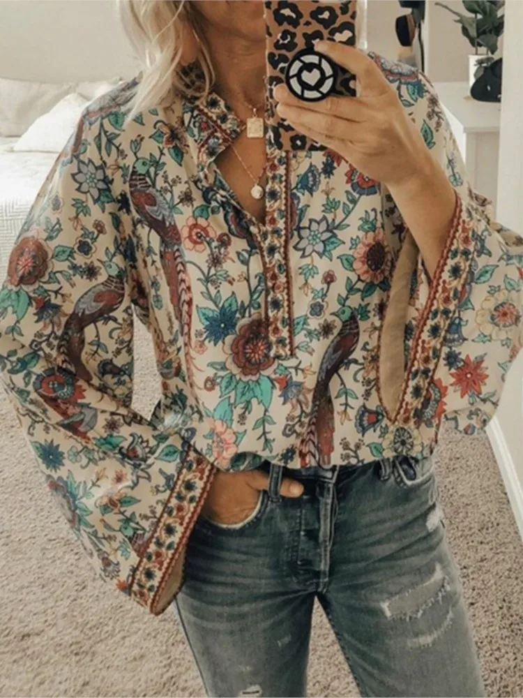 Spring Autumn New Women\'s Fashion Printed Shirt Button Long Sleeve Stand Up Collar Casual Comfortable Loose Shirt