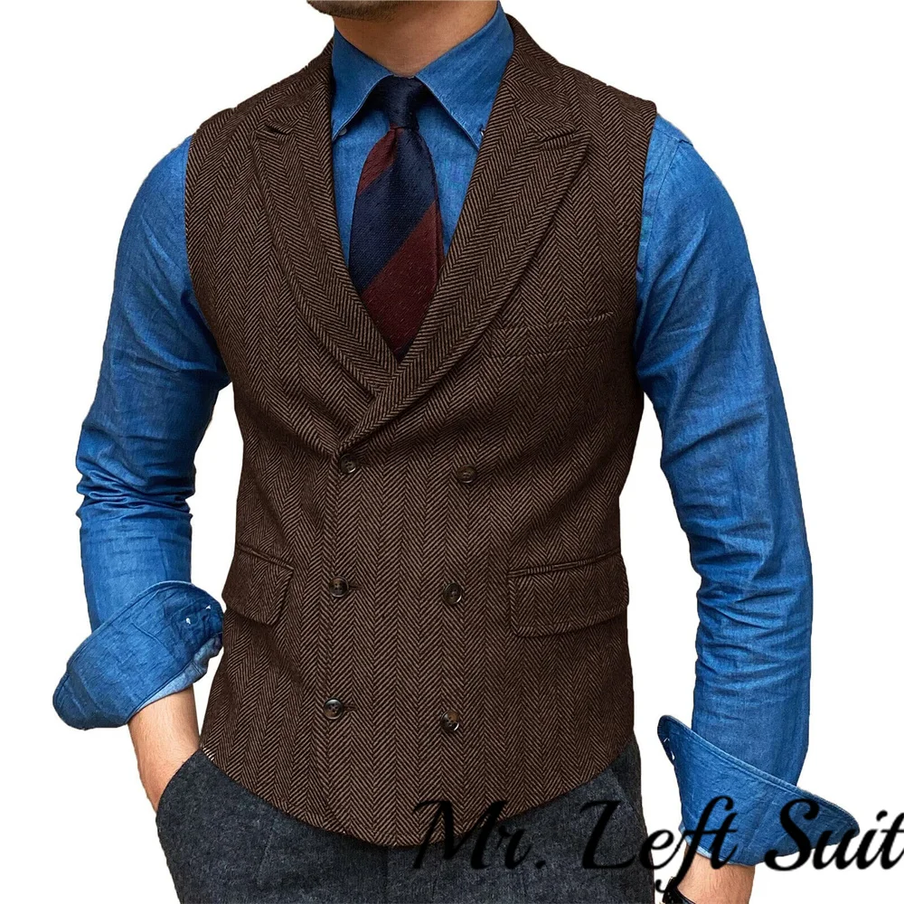 Herringbone Men\'s Vest Casual Double Breasted Suit Vest Lapel V Neck Wool Waistcoat Casual Formal Groomsman Jacket For Wedding