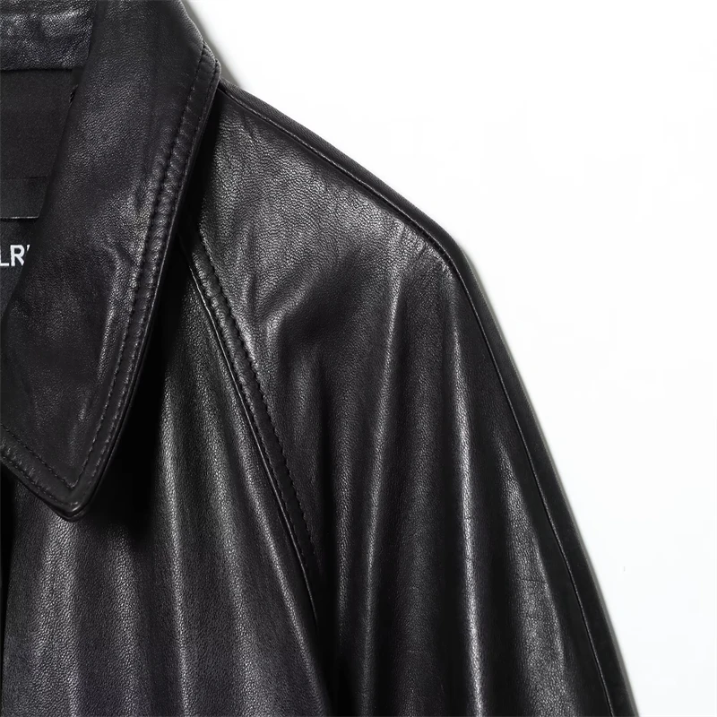 Women's Black Leather Jacket with Belt - Lapel Collar, Oversized Style, Vintage Inspired Motorcycle Coat