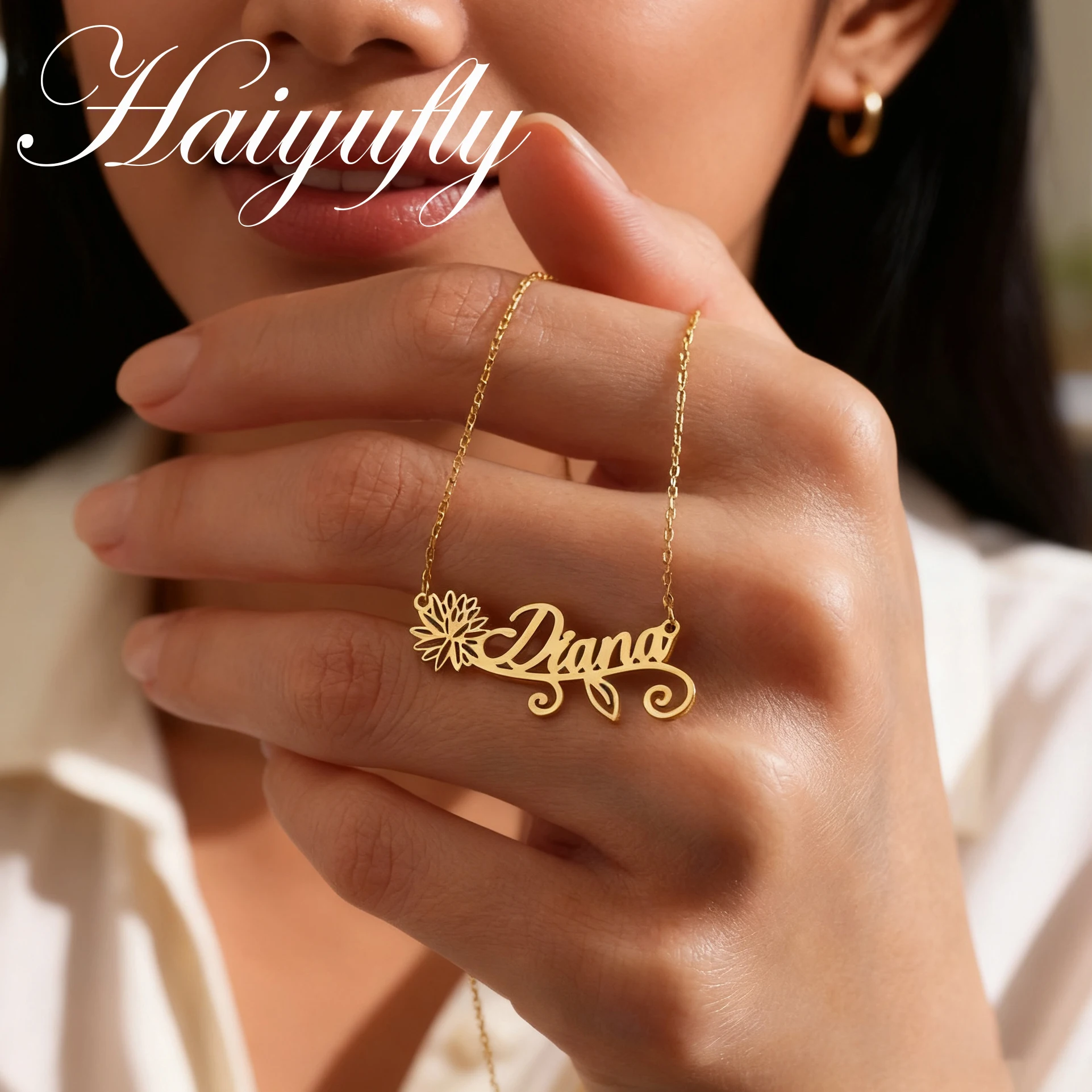 

Haiyufly Custom Birthflower Name Necklace for Women Stainless Steel Jewelry Personalized Nameplate Choker Chain Birthday Gift