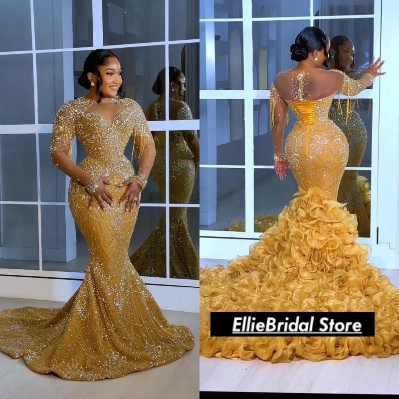 Multi Layer Ruffles Mermaid Prom Dress Luxury Beaded Tassel Evening Dresses Wedding Party Gowns For African Females Customized