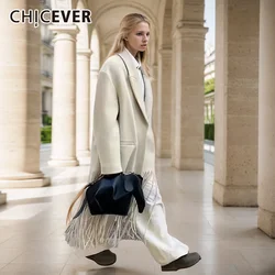 CHICEVER Patchwork Tassel Solid Trench For Women Lapel Shoulder Pad Design Long Sleeve Spliced Pockets Windbreaker Jacket Female