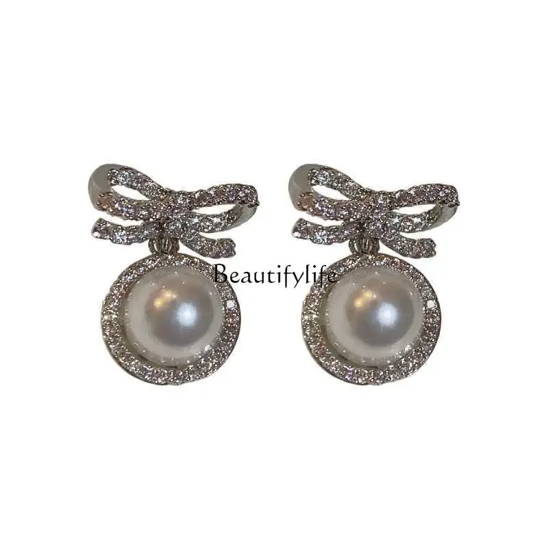 Zircon Bow Pearl Earrings, High Sense, Temperamental, Affordable, Luxury Fashion