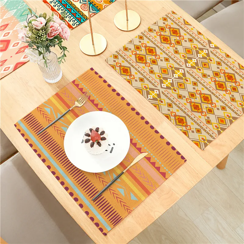 Bohemian Blue Orange Tone Rhombus Patterns Flax Linen Insulated Placemat Decoration Dinner Table 45x32cm