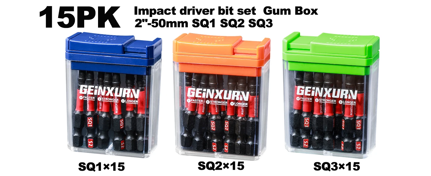 Geinxurn 15-teilige Impact Square Magnetic (SQ1, SQ2, SQ3) Multi-Treiber-Bits aus S2-Stahl mit bunter Aufbewahrungsbox (blau, orange, grün) – Detail 2