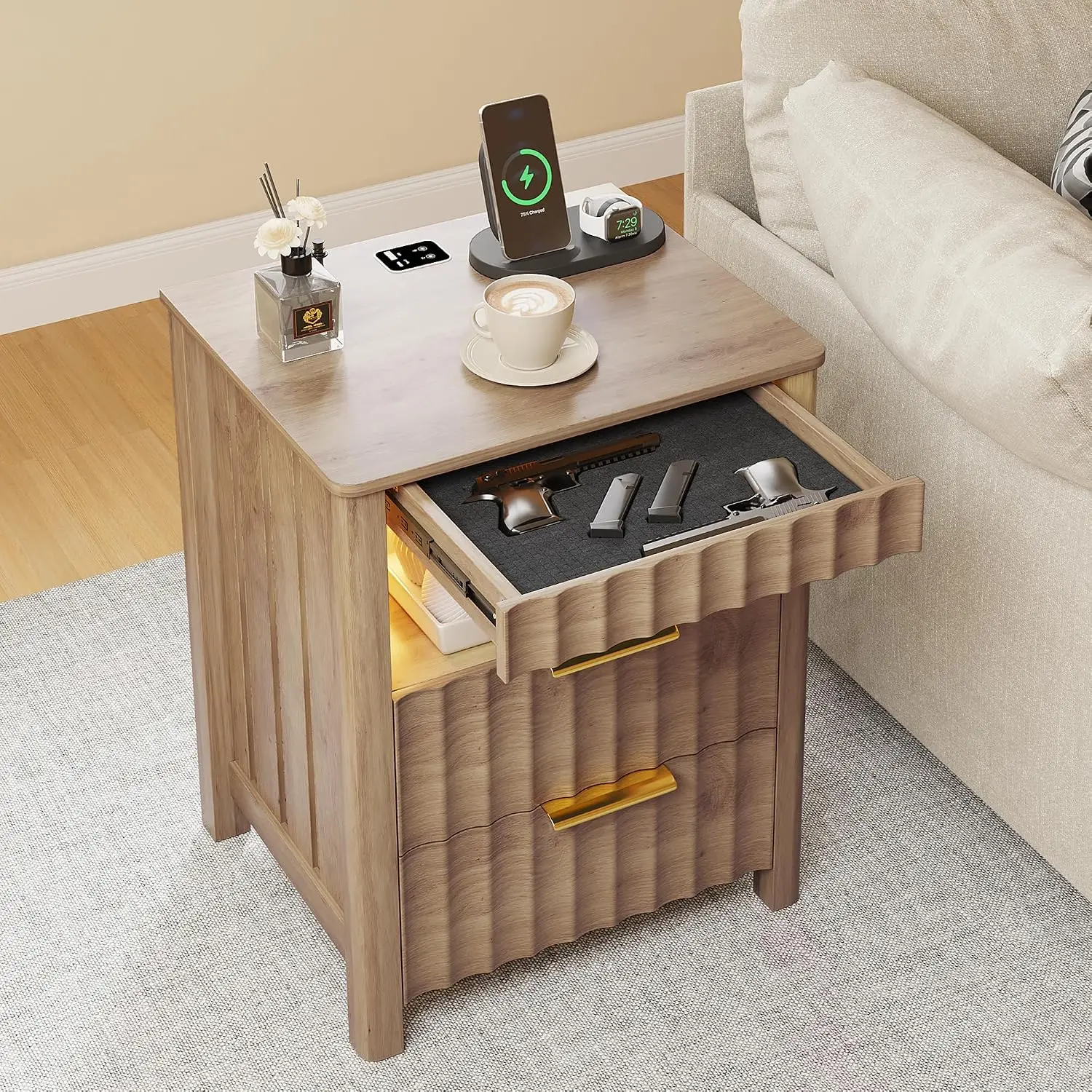 LED Nightstand with Hidden Gun Drawer & Charging Station, Human Sensor Storage Shelf for Bedroom Modern Fluted Wood, Customized