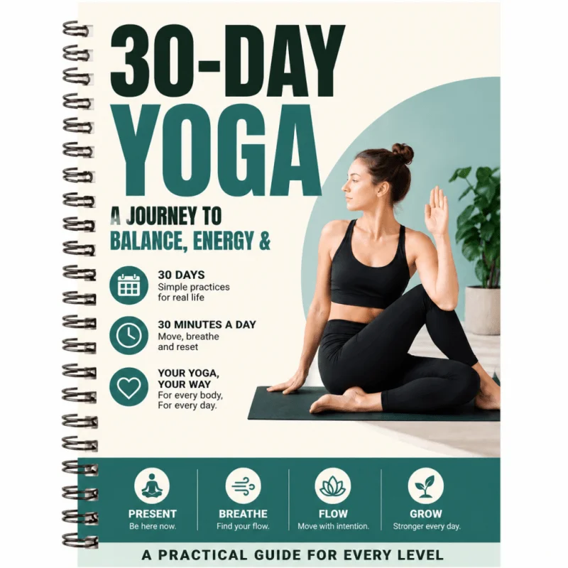 

30 Day Yoga Challenge Book, 30-Minute Daily Yoga Guide, Spiral Bound Yoga Journal for Beginners And All Levels, Yoga Practice Planner for Balance And Energy, Self-Care Workout Notebook for Women And Men