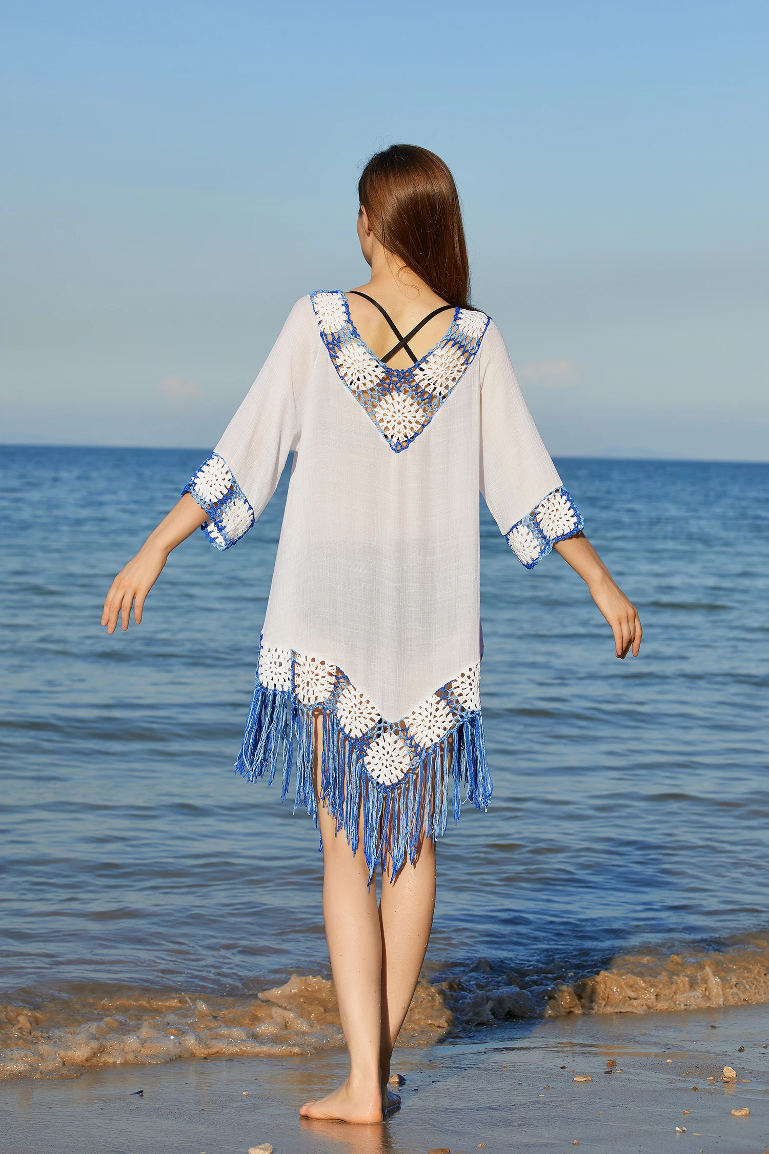Blue Hand Crochet Fringed Summer Beach Cover-up Dress for Women Tassels Half Sleeve Bohemian Style Sundress Beachwear Tunic