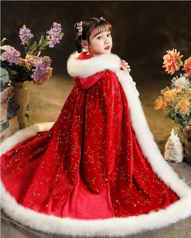 

Girls Fairy Hanfu Cloak Warm Tang Suit Children Winter Plus Velvet Embroidery Party Dress With Cloak Chinese New Year's Clothing
