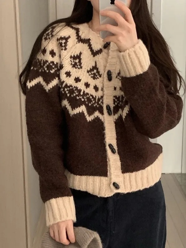 

Chic Retro Fair Isle Knitwear Cardigan Women's Faionable Size Sli Age-Defng Sweater Top Korean Loose Fit Online ...