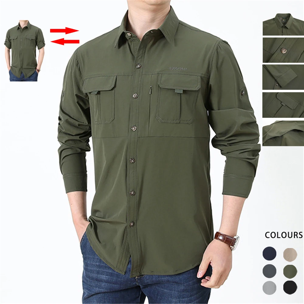 

Fishing Shirts for Men Long Sleeve Sun Protection Outdoor Safari Shirt Mens Military Quick Dry Shirts Hiking Cargo Work Shirts
