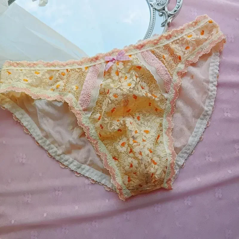 Сексуальные кружевные трусы с цветочным бантом, прозрачные сетчатые мужские трусы с выпуклой сумкой, удобное мягкое нижнее белье BF