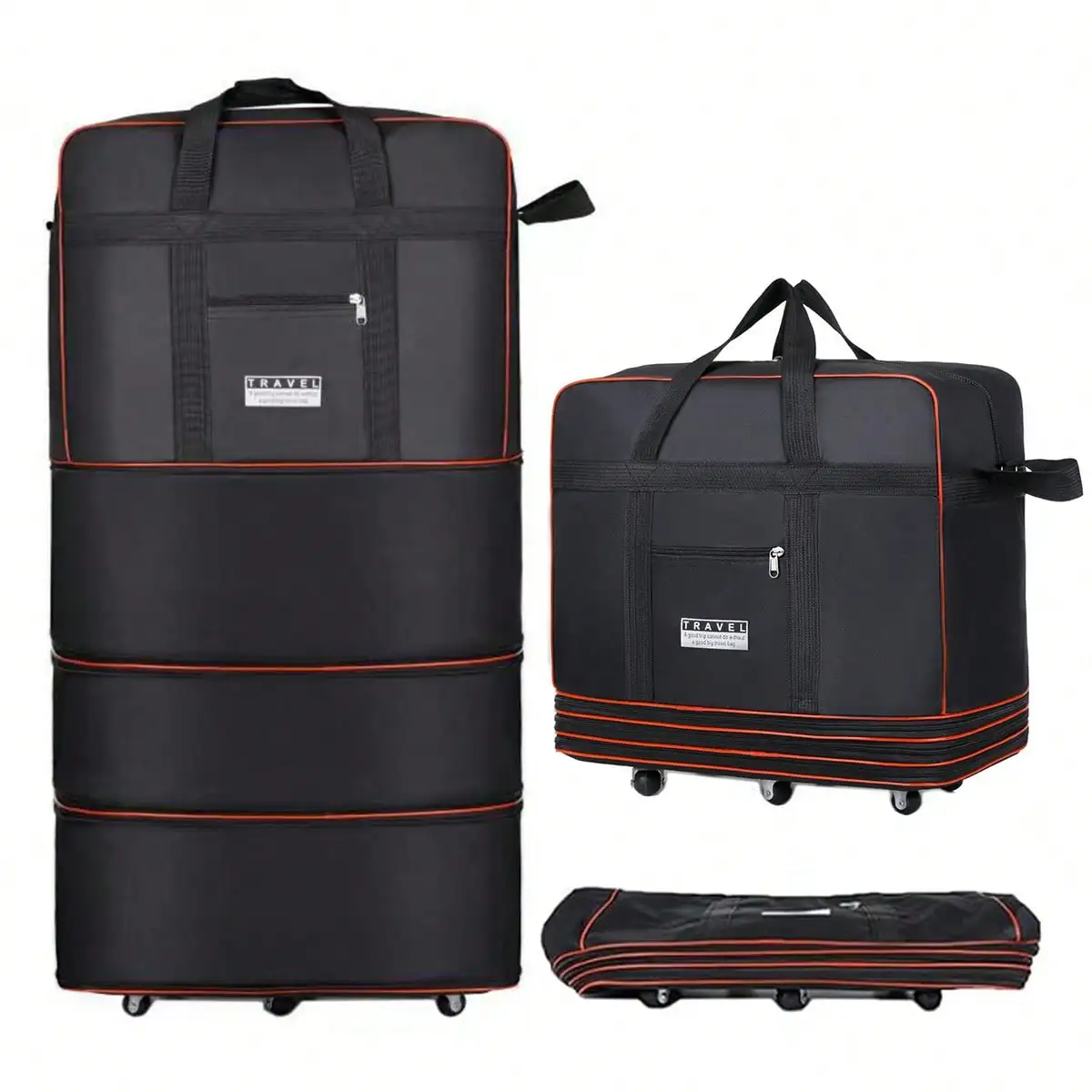 Foldable Rolling Luggage Bag - Black Collapsible Rolling Travel Duffel Bag,