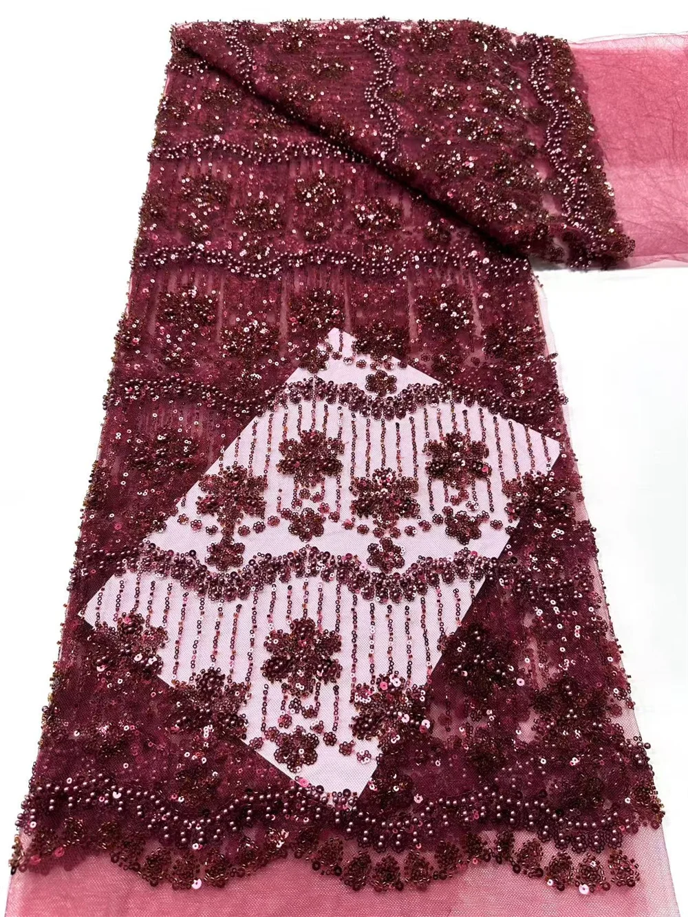 

Luxury Wine French Tulle Lace Fabric With Sequins Bead For Bridal Dress Nigerian Groom High Quality African Wedding Dress Hm47-1