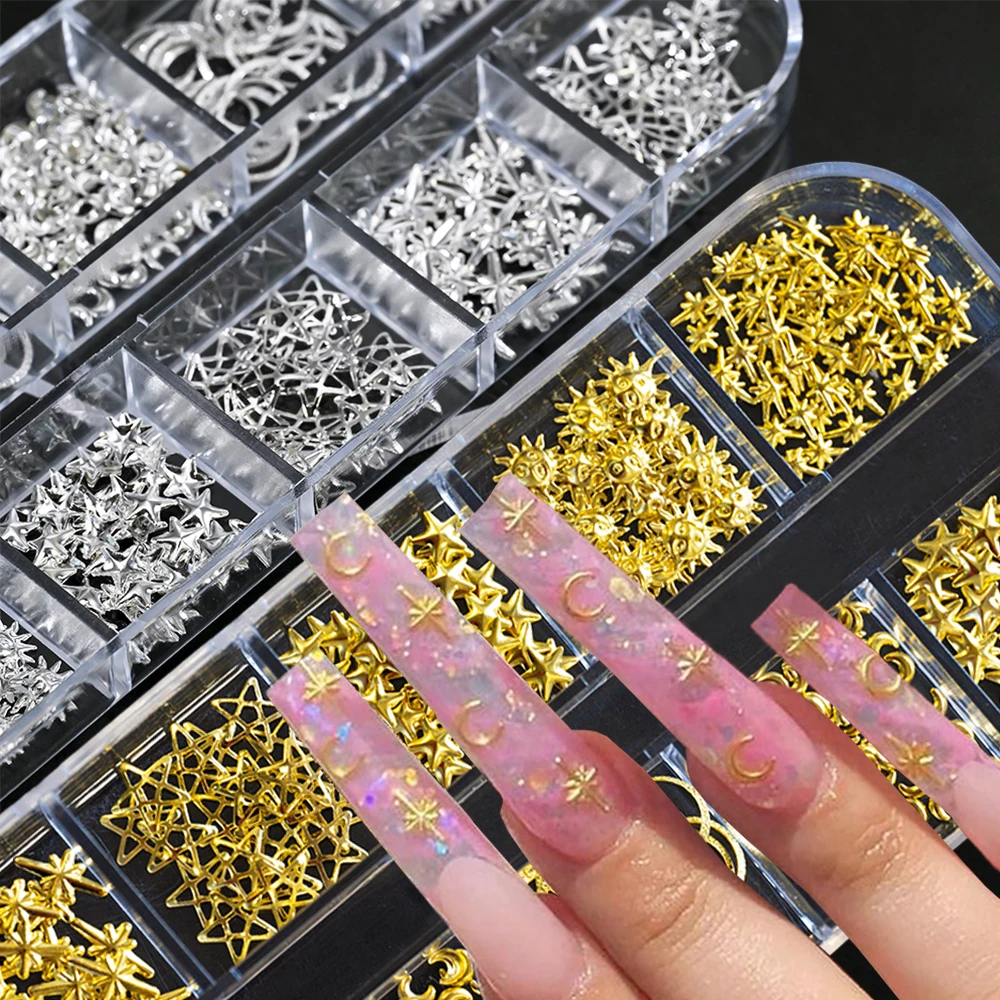 800pcs 3D Mixed Silver Gold Star Moon Sun Nail Charms Metallic Nail Rivet Studs Y2k Silver Alloy Starlight Cross Manicure Decora