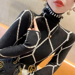 Women Clothing Fashion Turtleneck All-match Slim Sweaters Autumn Winter Elegant Chic Geometric Knit Pullovers Lady Casual Tops