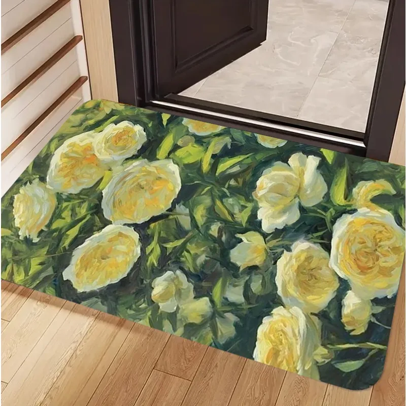 Impressionist Art Yellow Lilies Print Doormat Soft Non-Slip Entrance Rug Vintage Oil Painting Style Floral Carpet for Entryway