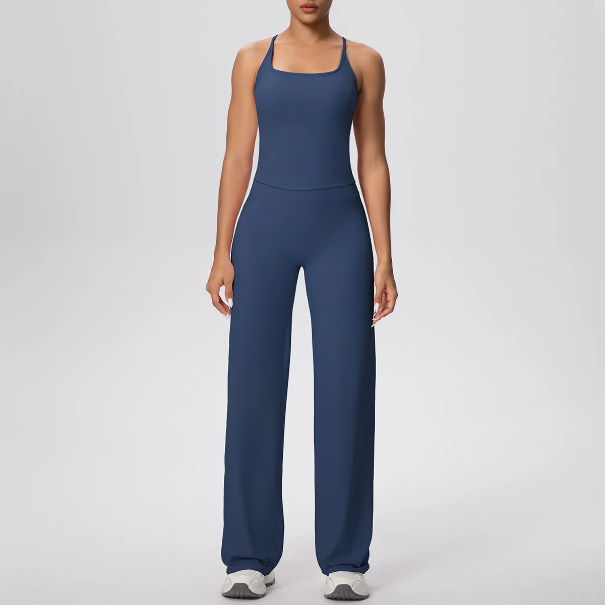 2pcs Woman Gym Sports Yoga Set Solid Color Slim Casual I-shaped Vest With Chest Pad Quick Drying High Waisted Full Length Set