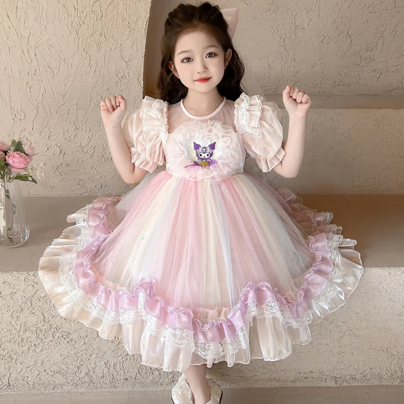 

Платье Лолиты в стиле аниме Kuromi для девочек, кружевное праздничное платье для детей, костюм принцессы с рюшами, юбка с короткими рукавами, праздничные подарки