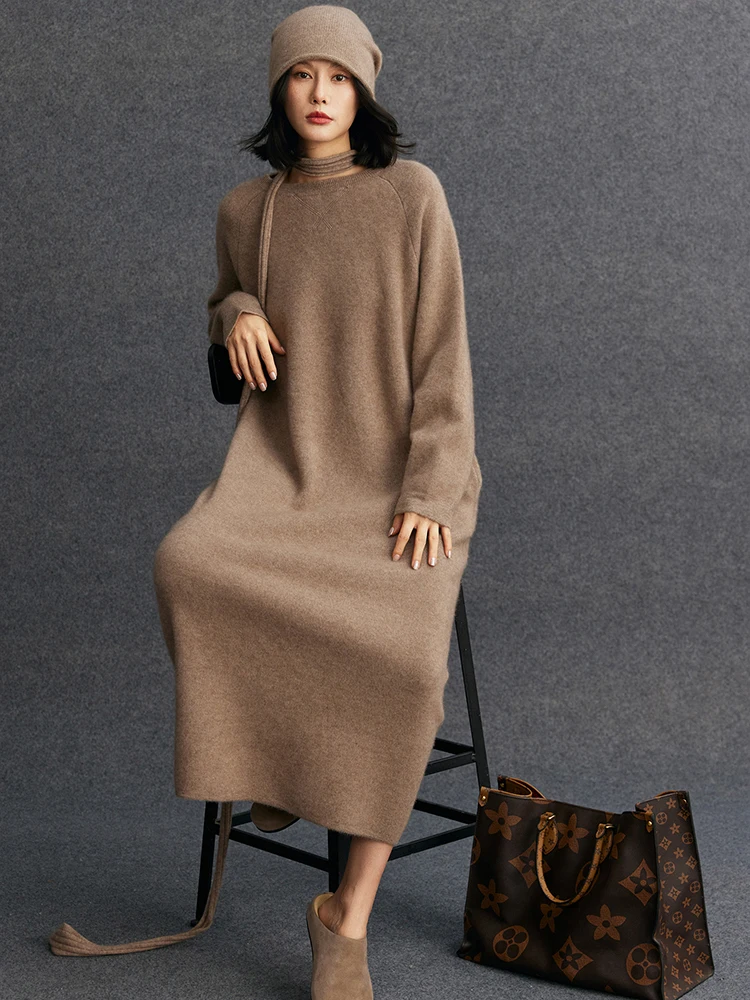 

TLOML Women 100% Cashmere Sweater Dresses O-neck One-piece Dresses Autumn Winter Thick Soft Cashmere Knitwear Loose Simple Style