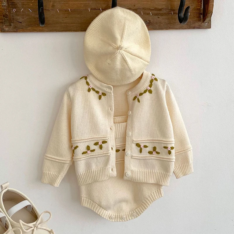 Toddler Baby Girls Clothes Suit Long Sleeved Floral Embroidery Cardigan+Jumpsuit Autumn Spring Children Knitted Clothing Suit