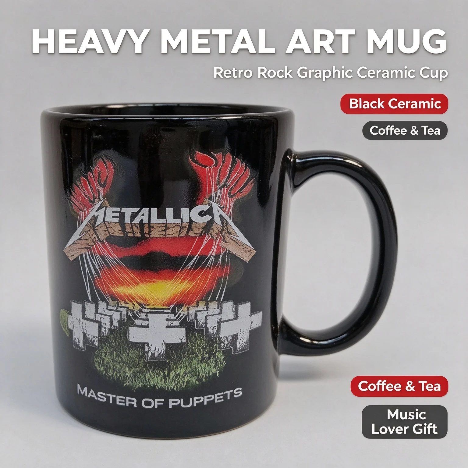 Vintage Heavy Metal Art Print Black Ceramic Coffee Mug, Retro Rock Graphic Tea Cup, Home Drinkware & Fan Gift
