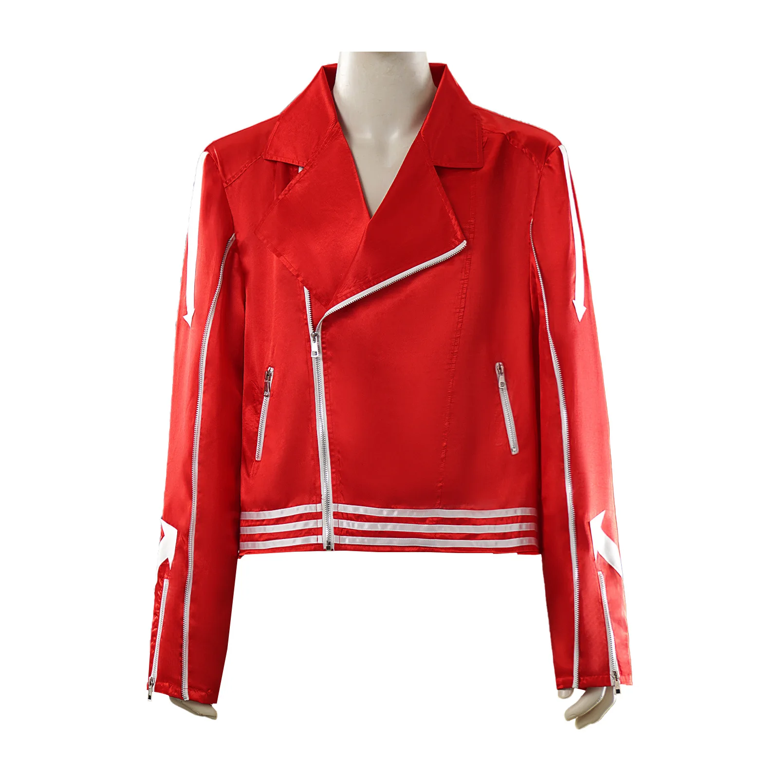

Retro Spicy Girl Red Glossy Jacket Punk Motorcycle Long Sleeves Zipper Coat Halloween Carnival Party Costume