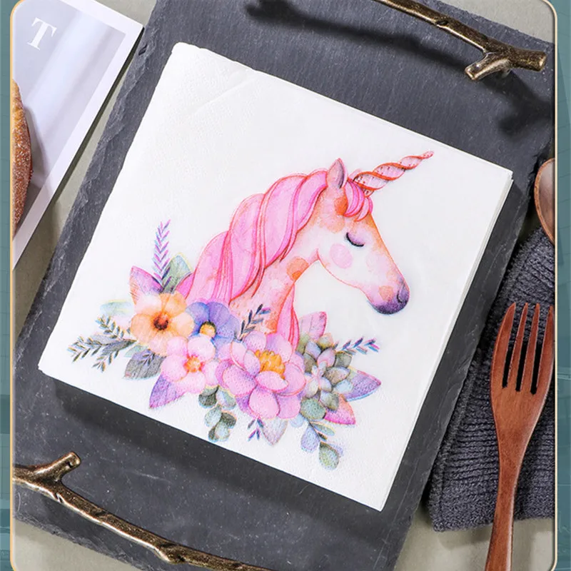 20Pcs Disposable Pink Unicorn Flower Printed Table Dinner Tissue Napkins Paper Wedding Party Decoration Supplies