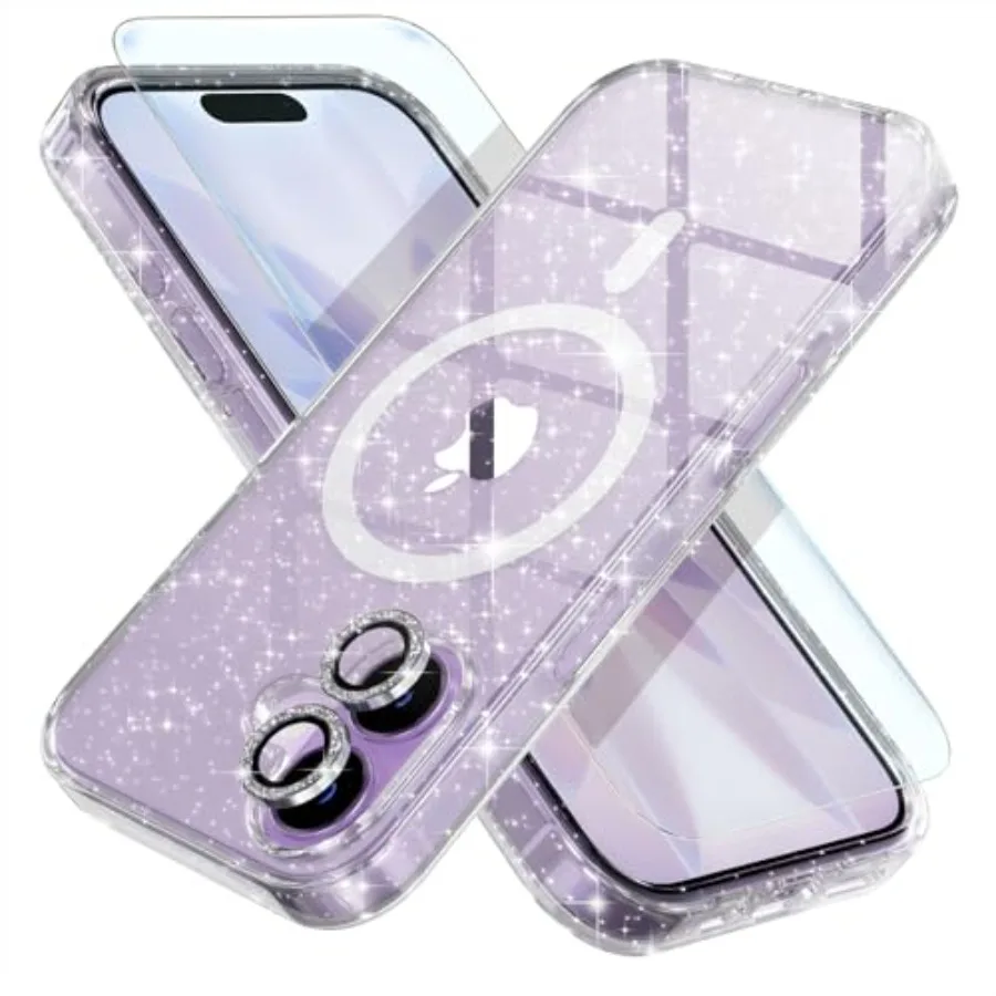Magnetic for iPhone 17 Case Compatible with MagSafe, Women Cute Glitter Sparkly Phone Case with Diamond Camera Lens Protectors,