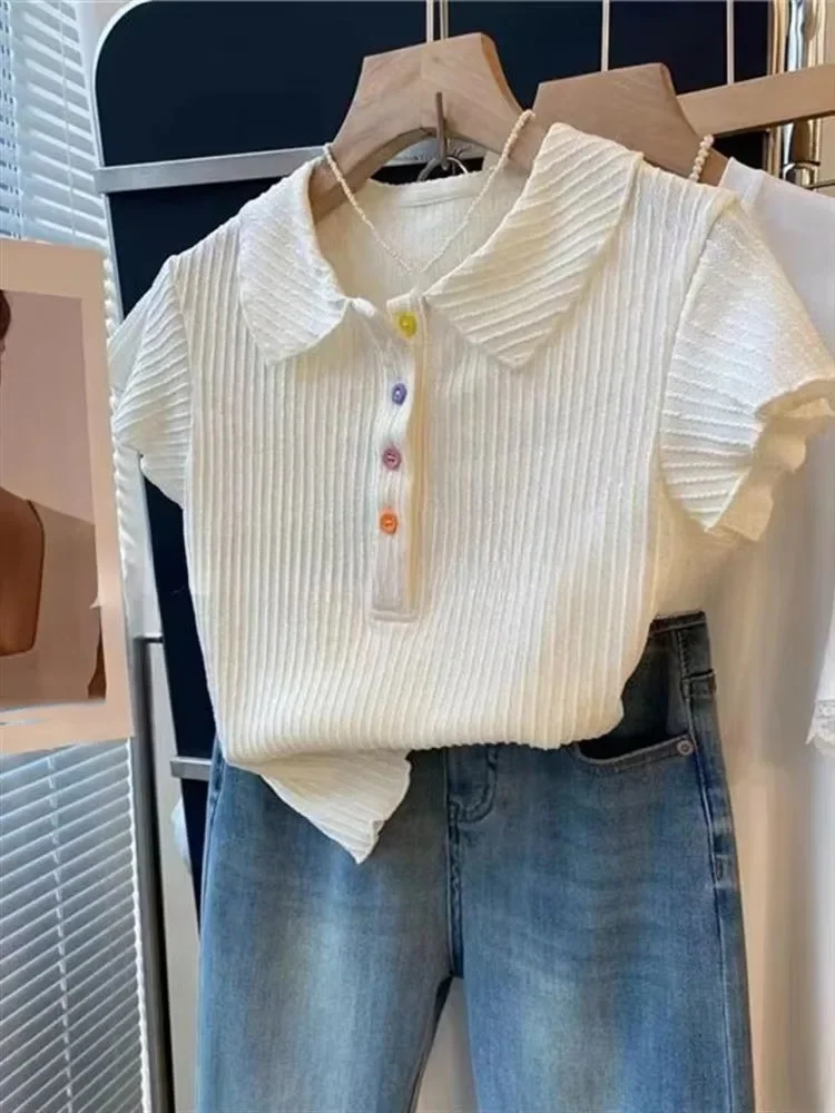 الكورية خمر أزرار ملونة التلبيب الرقبة تي شيرت عادية كل مباراة الأعلى للنساء 2025 جديد قصير الأكمام فضفاضة تيز سترة