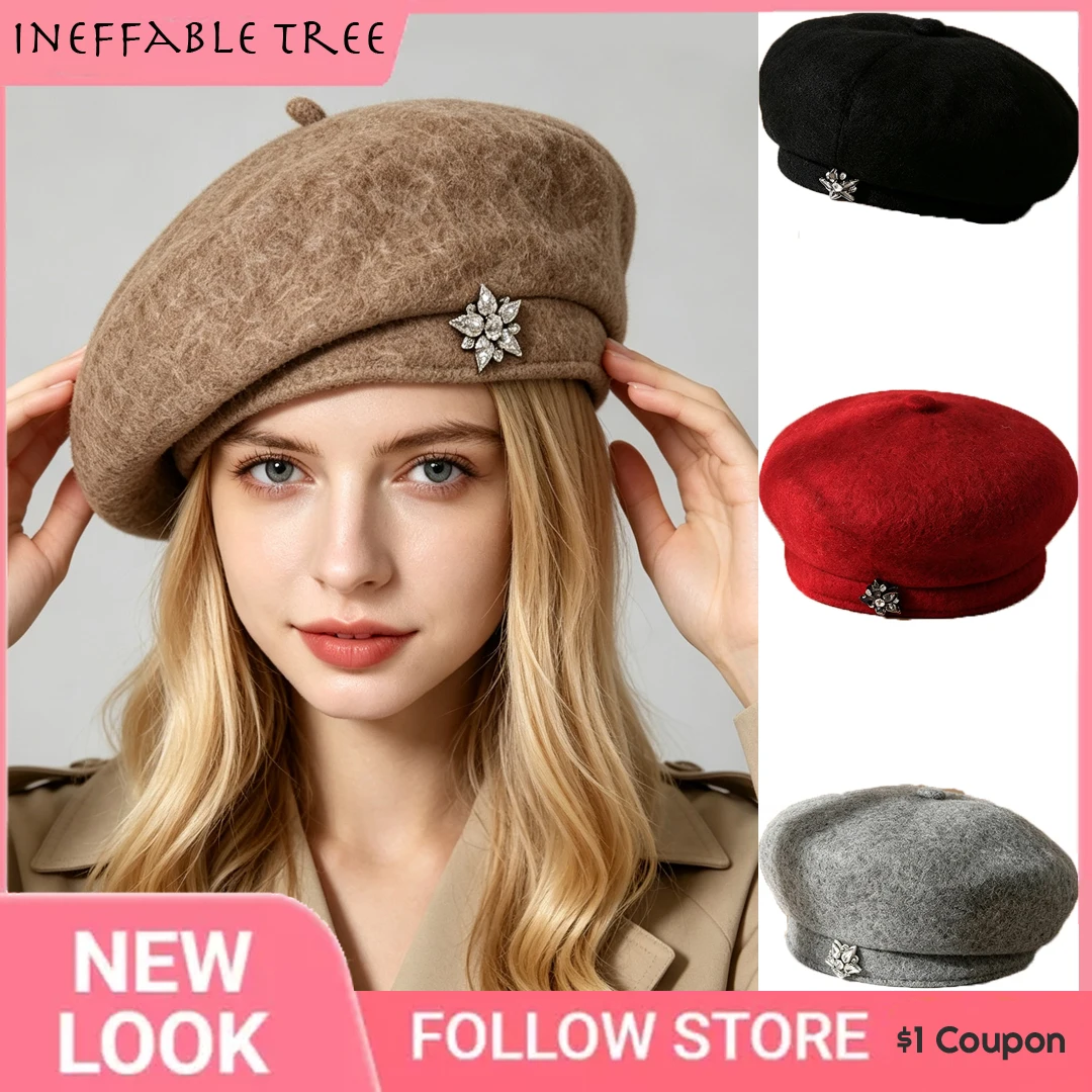 Women European American Rhinestone Snowflake Beret Hats for Women Autumn Winter British Cloud Painter Cap Boinas Para Mujer