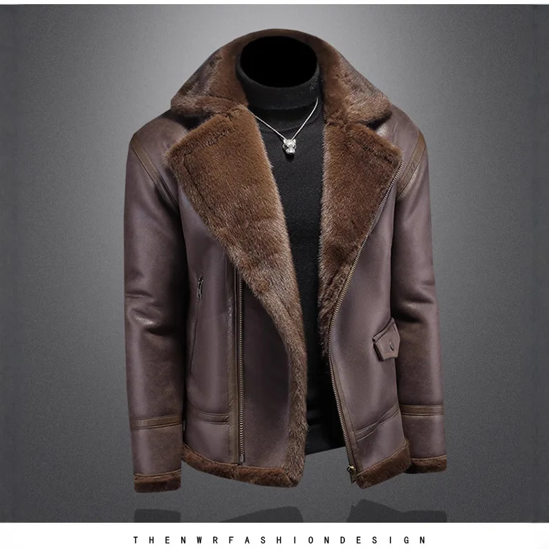 and  integrated men's winter plus plush thick leather jacket short motorcycle suit  coat men's mink jacket
