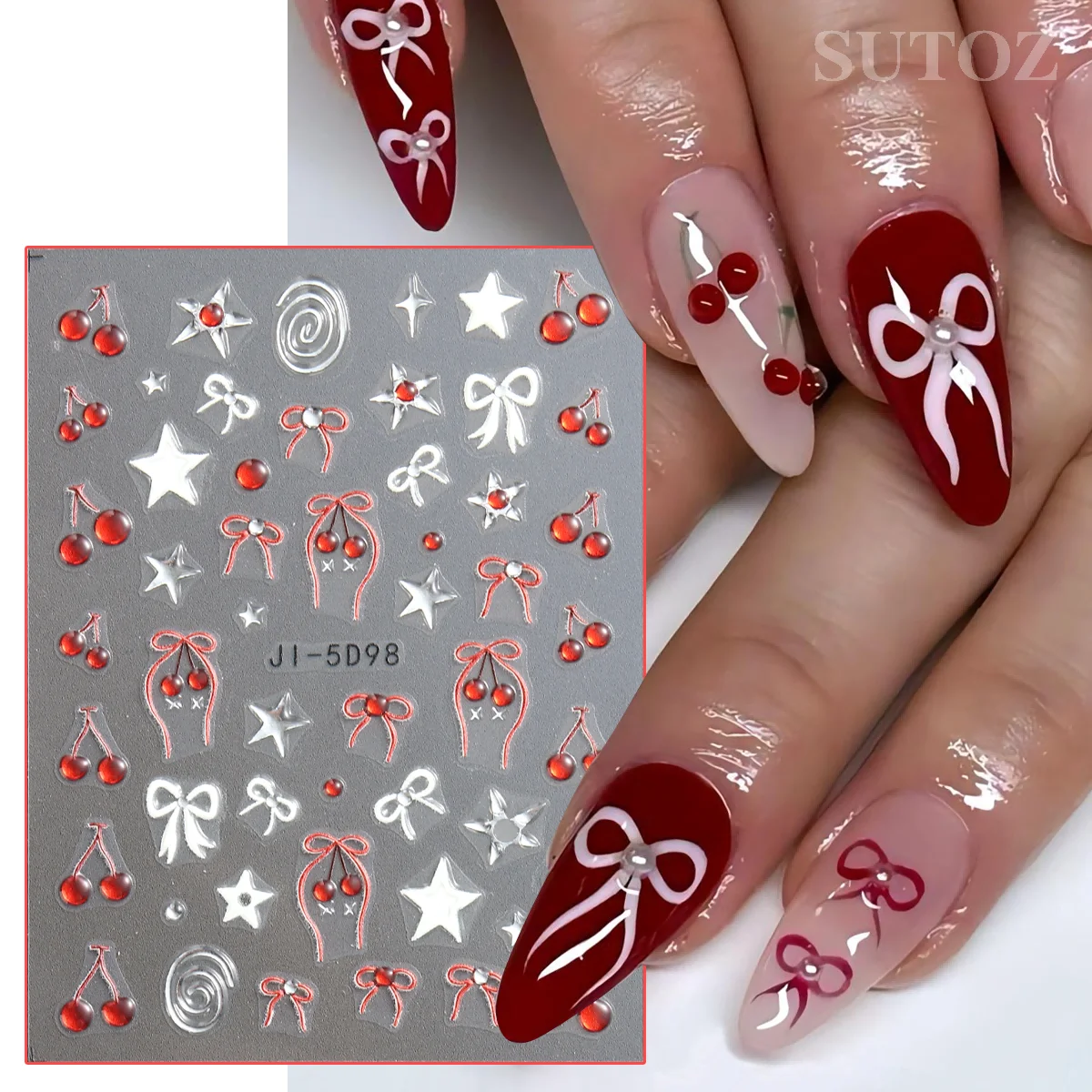 5D Nail Cherry Decors Gold Butterfly Nail Sticker Cute Cherries Bows Diamond Nail Decals Spring Summer Manicure Supplies JI-5D99