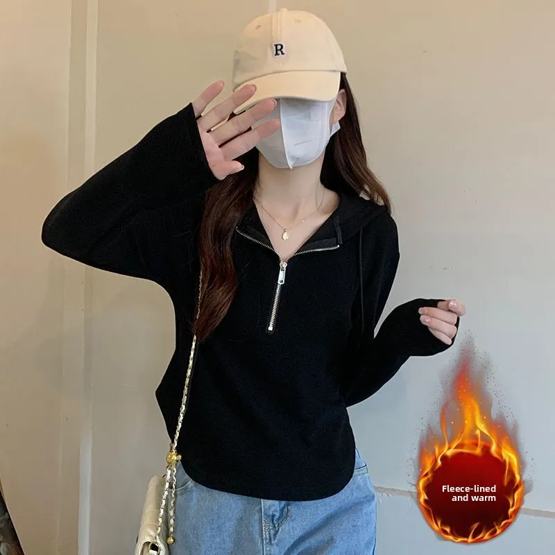 Women's Fleece Lined Short Hoodie Base Layer Shirt Spring Autumn Winter Regular Fit Korean Style Comfortable Casual Top