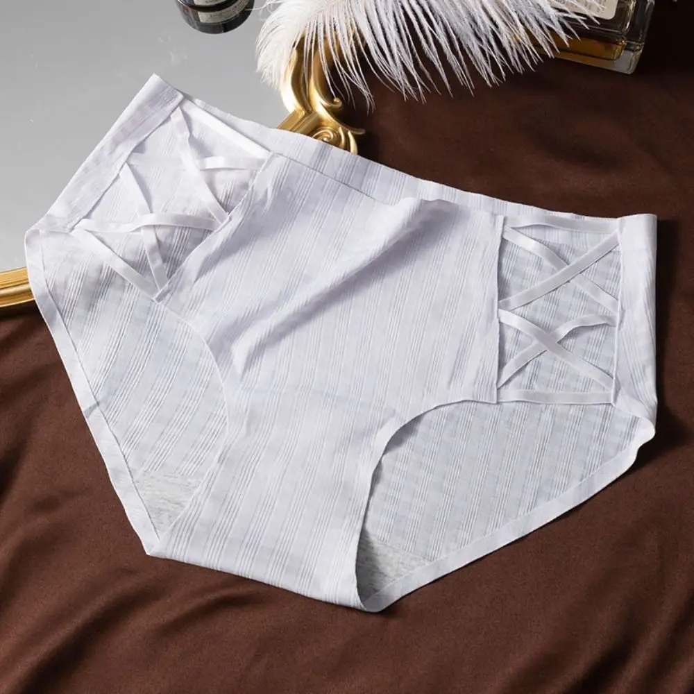 

Comfortable Simple Seamless Panties Mid Waist Hollow Out Ice Silk Briefs Thin Stripe Cotton Crotch Underwear for Women Women