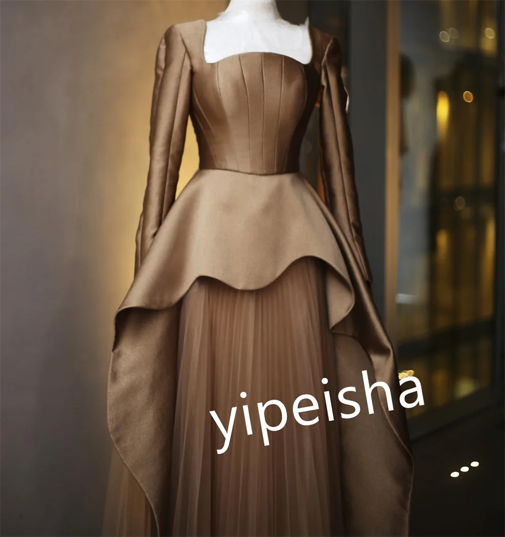 Customized Satin Pleat Engagement A-line Square Neck Bespoke Occasion Gown Long Dresses