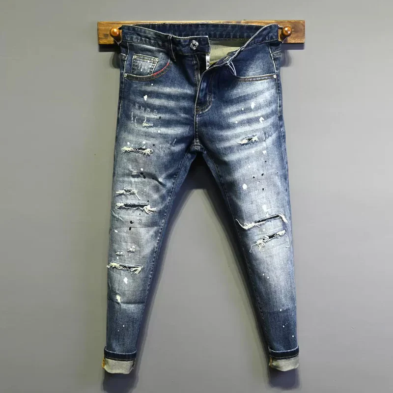 Men's Y2K Slim Fit Blue Jeans with Pleated Painted Elastic Design Fashionable High-Quality Scratch Marked Casual Trousers
