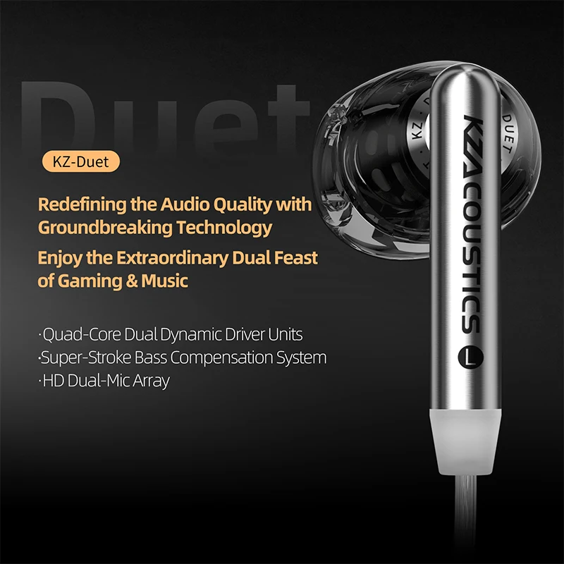 KZ Duet In Ear Wired Earbuds Quad Core Dual Dynamic Drivers Earphones  for Music Gaming HiFi Sound Quality Stereo Headset