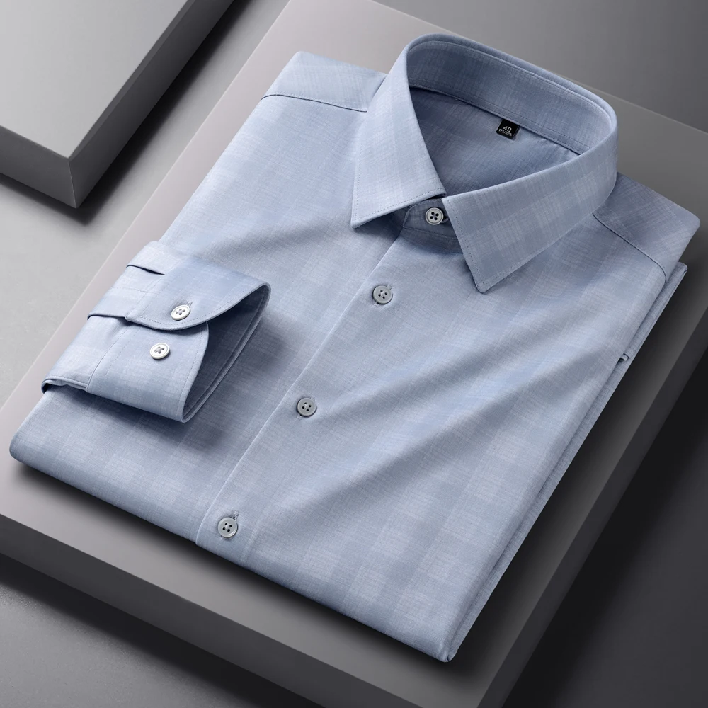 Men's Stretch Non-Iron Mulberry Silk Shirt - Wrinkle-Free Pocketless Silky Smooth Skin-Friendly Plaid Stripe Long Sleeve Shirts