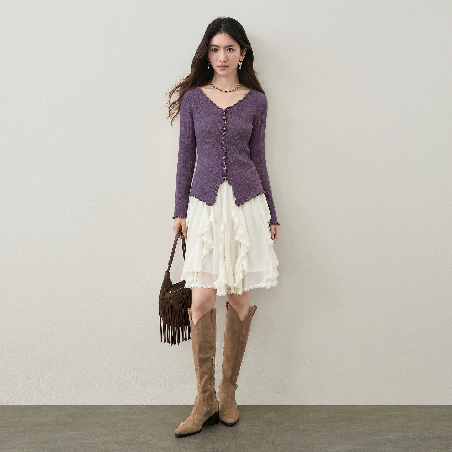 SENTUBILA Women's Knit Cardigan 2026 V Neck Ruffle Flare Sleeve Autumn Winter Sweater Purple Commute Long Sleeve Top W64HB9083