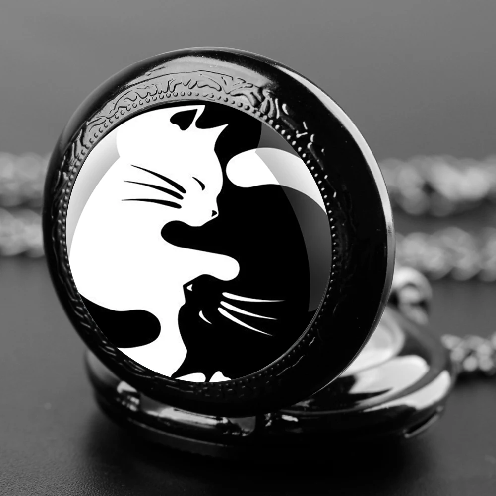 Black White Cats Design Glass Dome Quartz Pocket Watch With Durable Chain Arabic Numeral Dial For Men And Women Creative Gifts