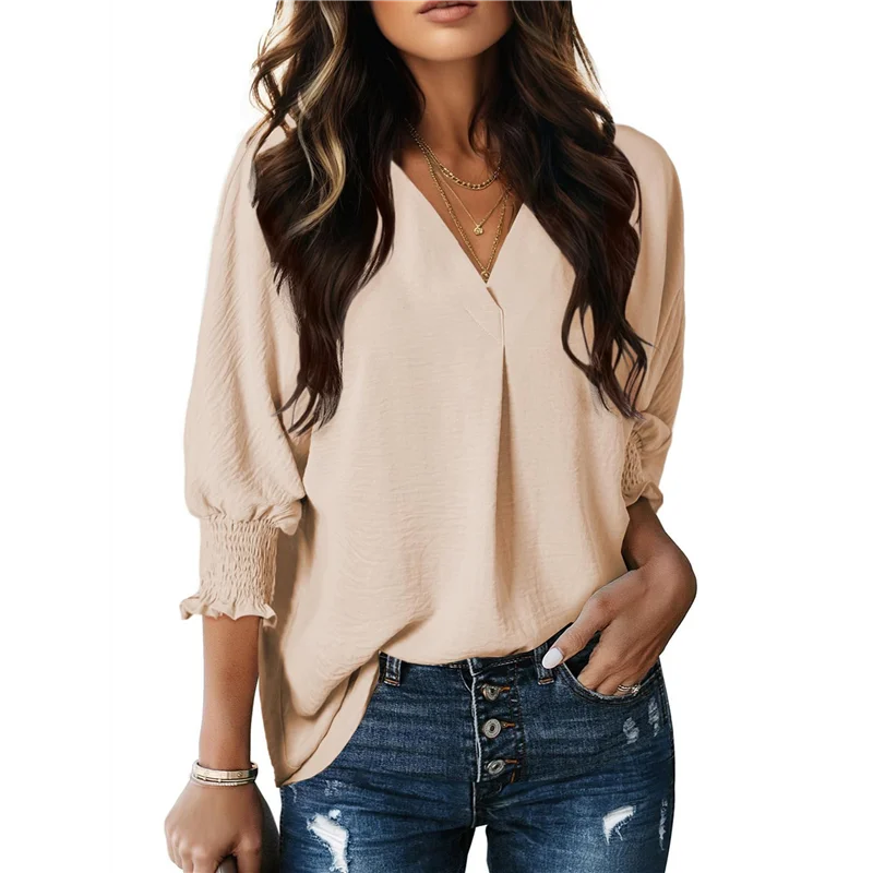 

【SEE】Женские блузки, нарядные повседневные женские топы с V-образным вырезом и рукавами 3/4 с присборенными манжетами