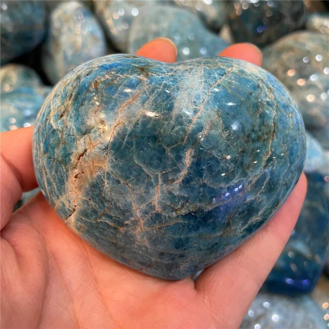 Real Gem Natural Blue Apatite Carving Heart Figurine Energy Crystal Stones Decorative Rock Quartz Handicraft Store