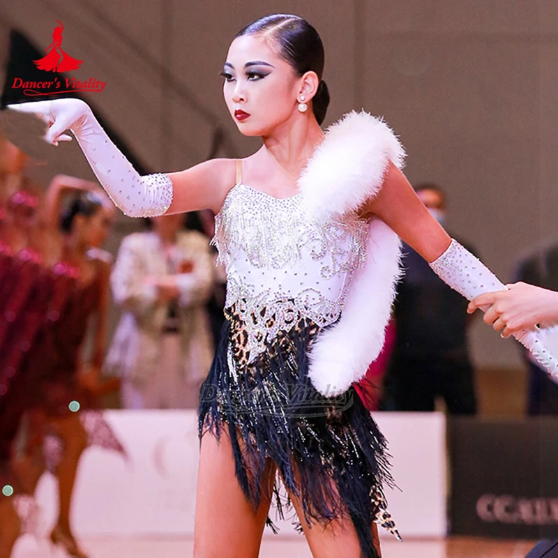 Adolescent Rumba Jive Feather Style Tassels Dress with Gloves Customize Adult Latin Dance Competition Clothes Dancer's Vitality