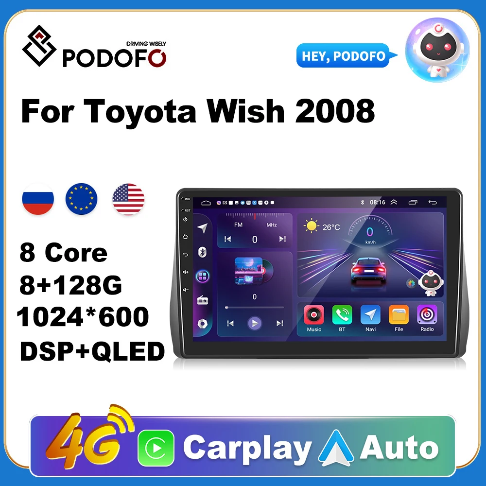 

Podofo Wireless CarPlay Andorid Auto Car Radio For For Toyota Wish 2008 AI Voice Multimedia GPS 2din autoradio