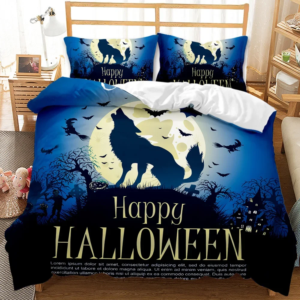 Halloween Duvet Cover King Size,Cartoon Witch Cat Moon Pumpkins Scary Night Comforter Cover Kids Girls Microfiber Bedding Set