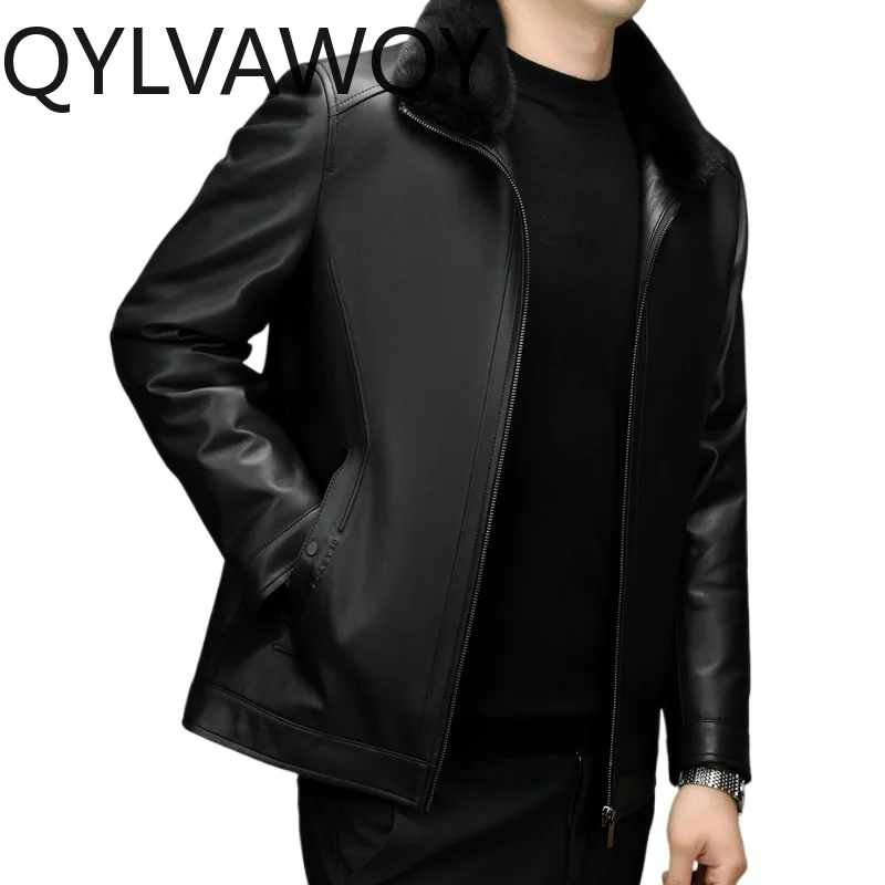 

QYLVAWOY Winter Man Real Sheepskin Down Coat Winter Goose Down Genuine Leather Jacket Men Mink Fur Collar Casual Puffer Coats