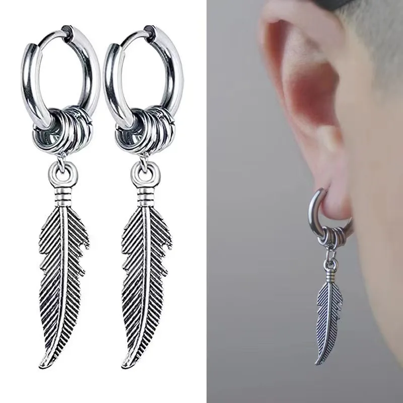 1 par de pendientes de aro Piercing de acero inoxidable negro con plumas de hoja para hombre y mujer, joyería Punk Vintage, accesorios Y2K, tendencia inusual